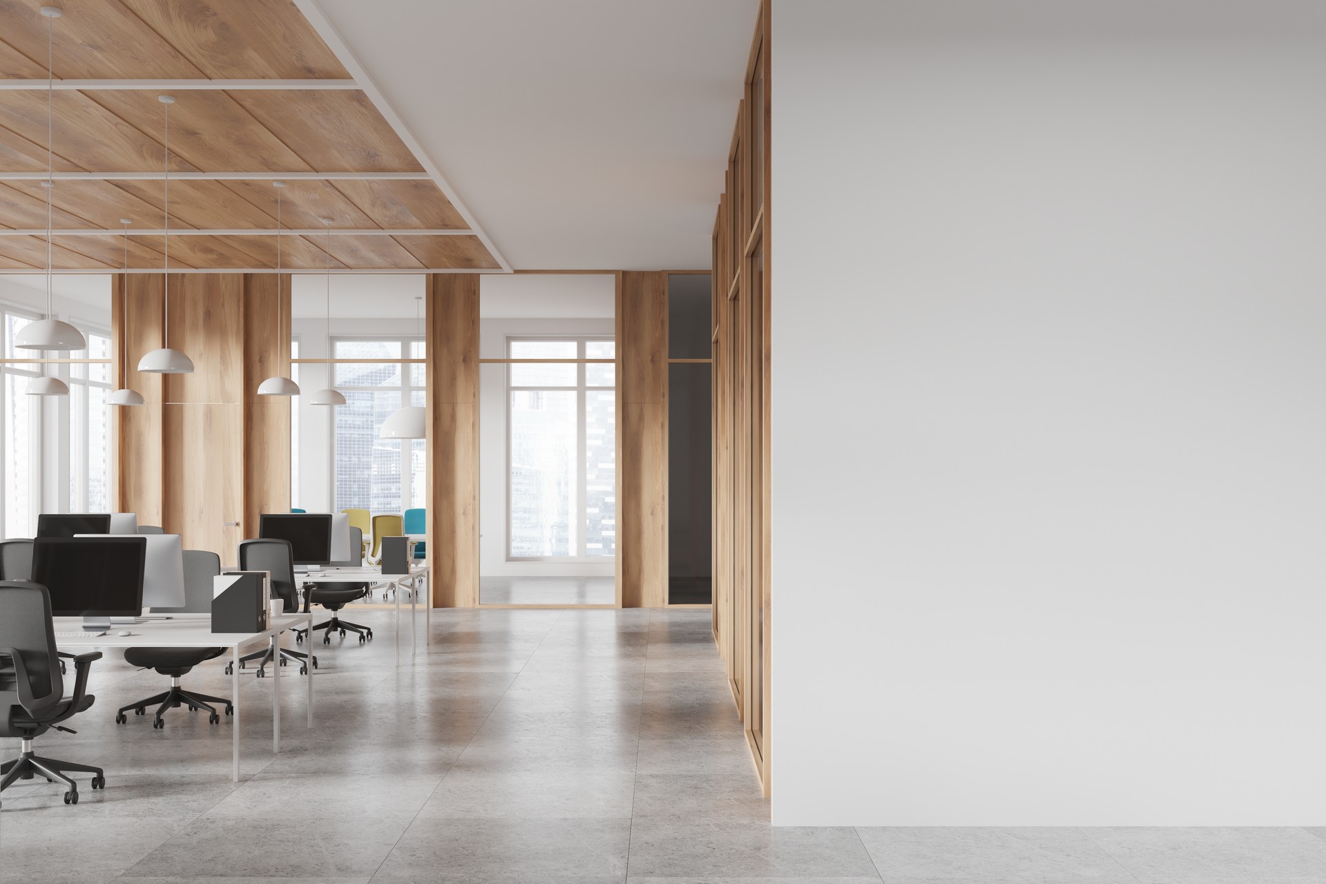 Modern business interior with desks and pc computers in row, window. Mockup wall